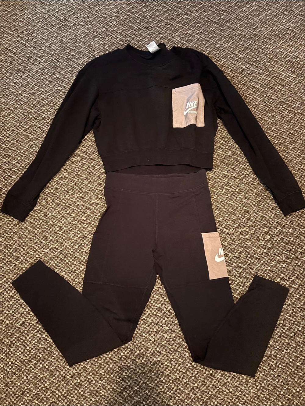 Nike Black Crop Sweatshirt and Leggings Set with Beige Logo Panels